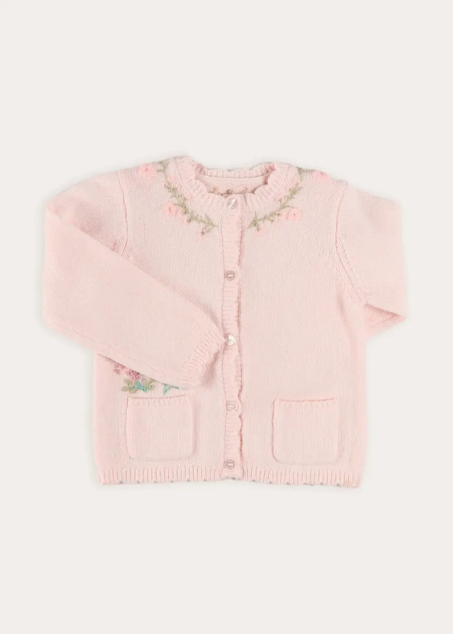 Wildflower Embroidered Pocket Detail Cardigan in Pink (1mth-3yrs) Knitwear from Pepa London US
