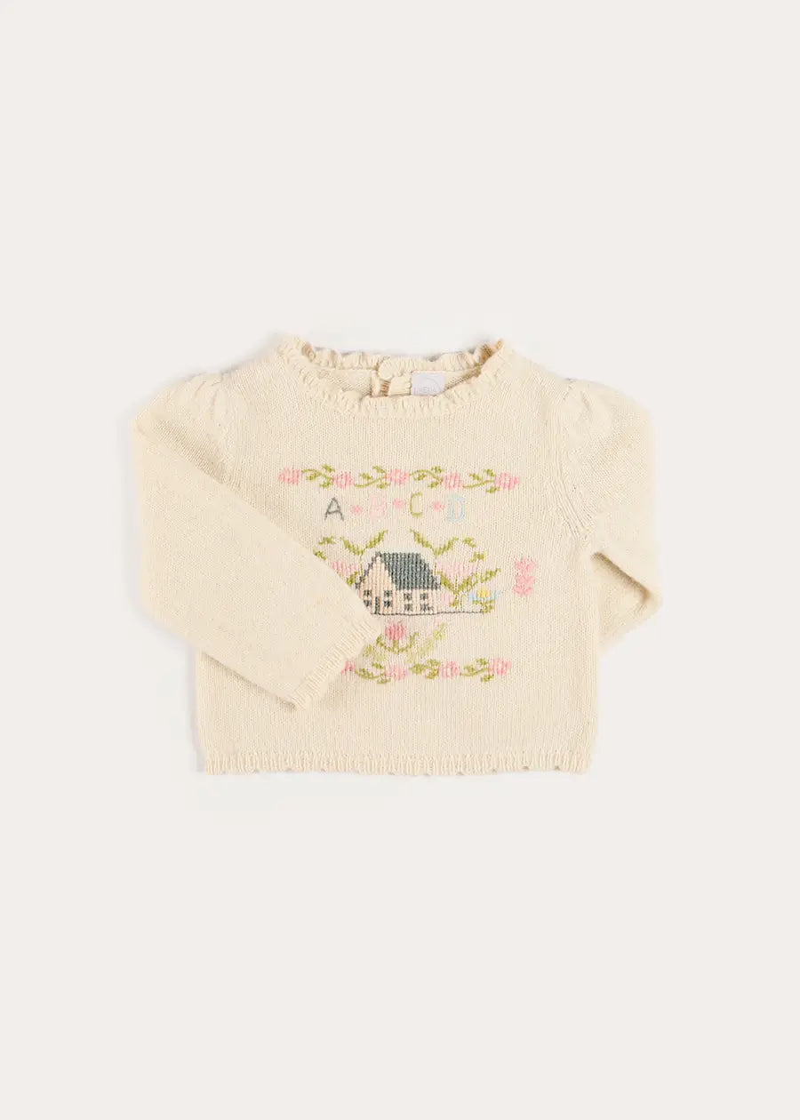 Alpaca Wool Cottage Cross Stitch Embroidered Jumper in Cream (6mths-4yrs) Knitwear from Pepa London US