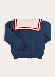 Mariner Collar Jacquard Boat Embroidered Detail Cardigan in Navy (3-10yrs) Knitwear from Pepa London US