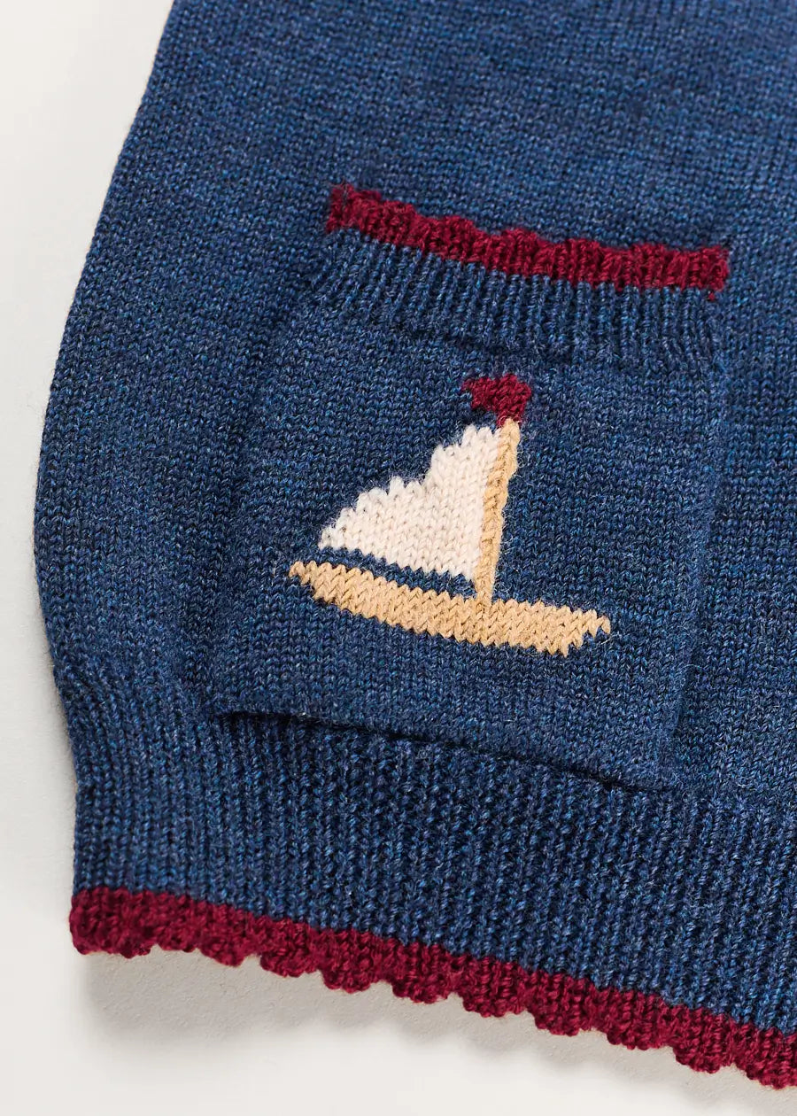 Mariner Collar Jacquard Boat Embroidered Detail Cardigan in Navy (3-10yrs) Knitwear from Pepa London US