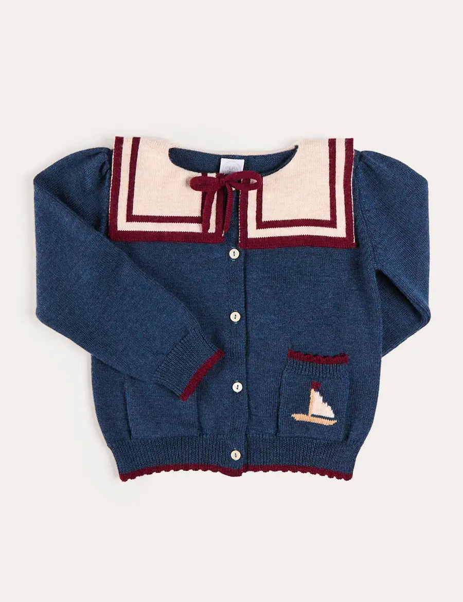 Mariner Collar Jacquard Boat Embroidered Detail Cardigan in Navy (3-10yrs) Knitwear from Pepa London US