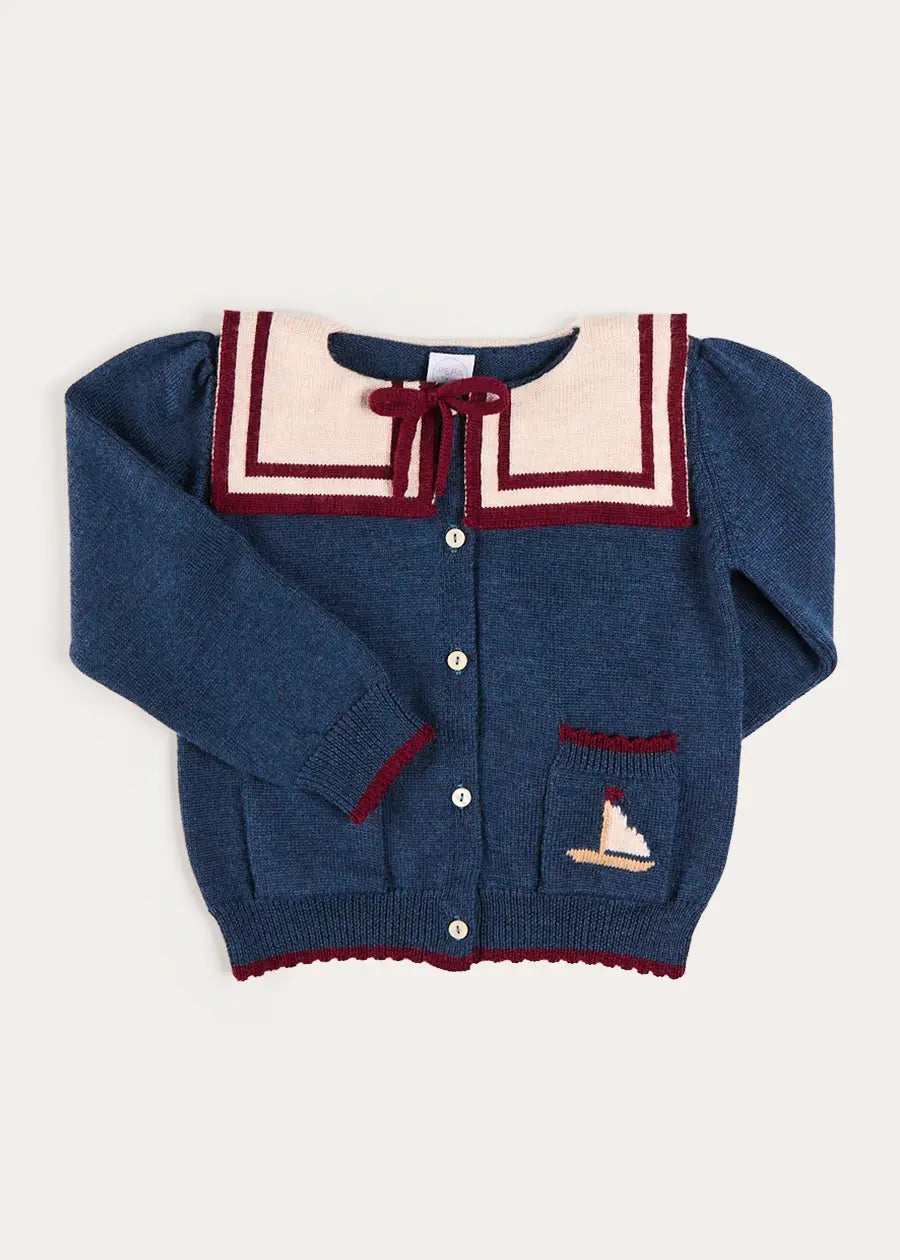 Mariner Collar Jacquard Boat Embroidered Detail Cardigan in Navy (3-10yrs) Knitwear from Pepa London US