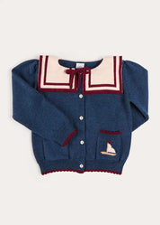 Mariner Collar Jacquard Boat Embroidered Detail Cardigan in Navy (3-10yrs) Knitwear from Pepa London US