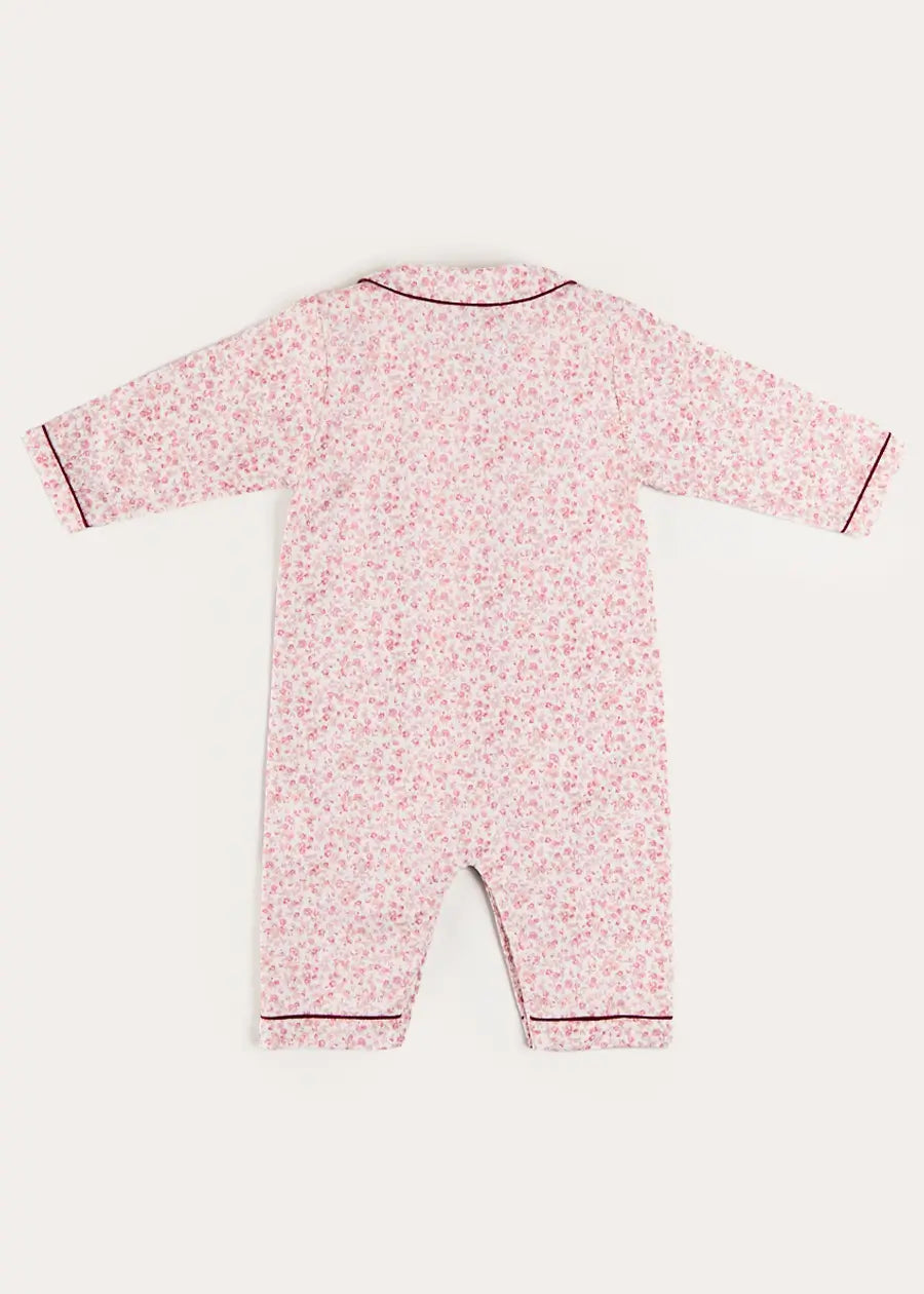 Jane Floral Long Sleeve All In One Pyjamas with Burgundy Piping in Pink (6mths-3yrs) #N/A from Pepa London US