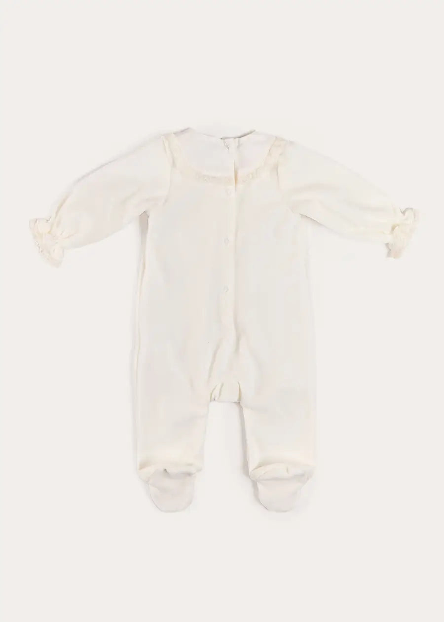 Floral Detail Embroidered Collar Velour All In One in Cream (1mth-12mths) #N/A from Pepa London US