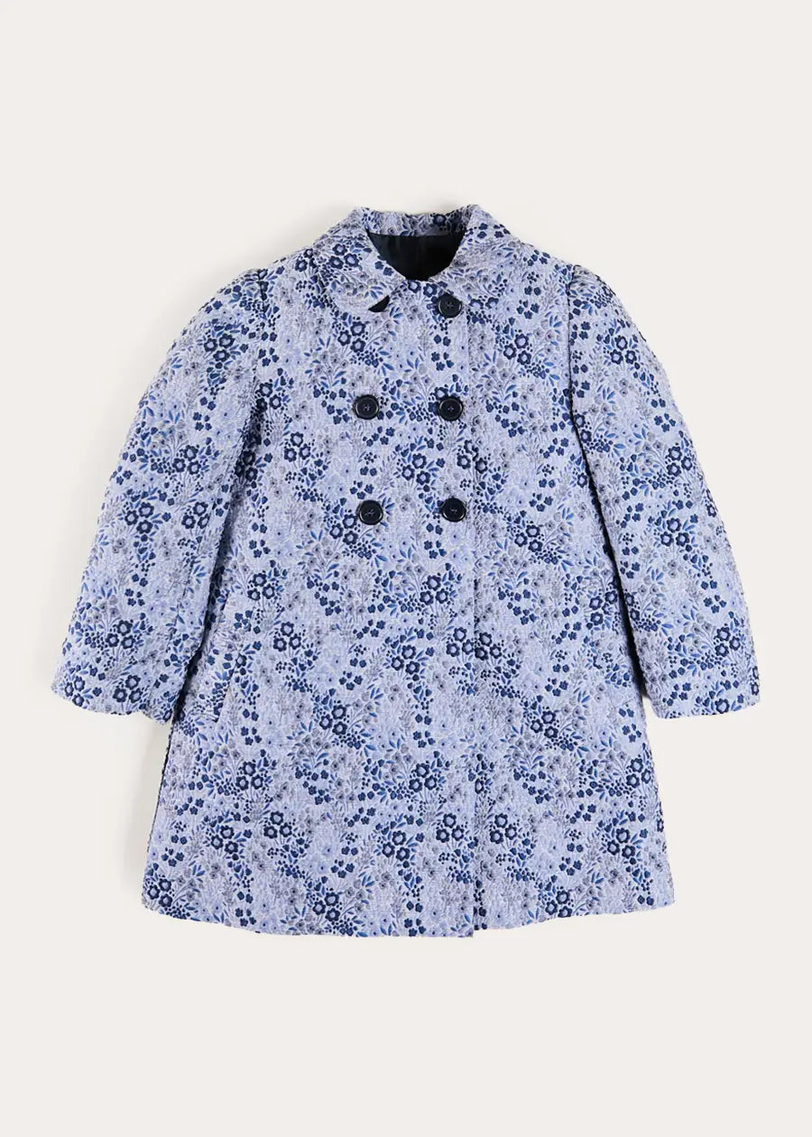 Eleanor Floral Jaquard Long Sleeve Coat Coat in Blue (4-10yrs) Coats from Pepa London US