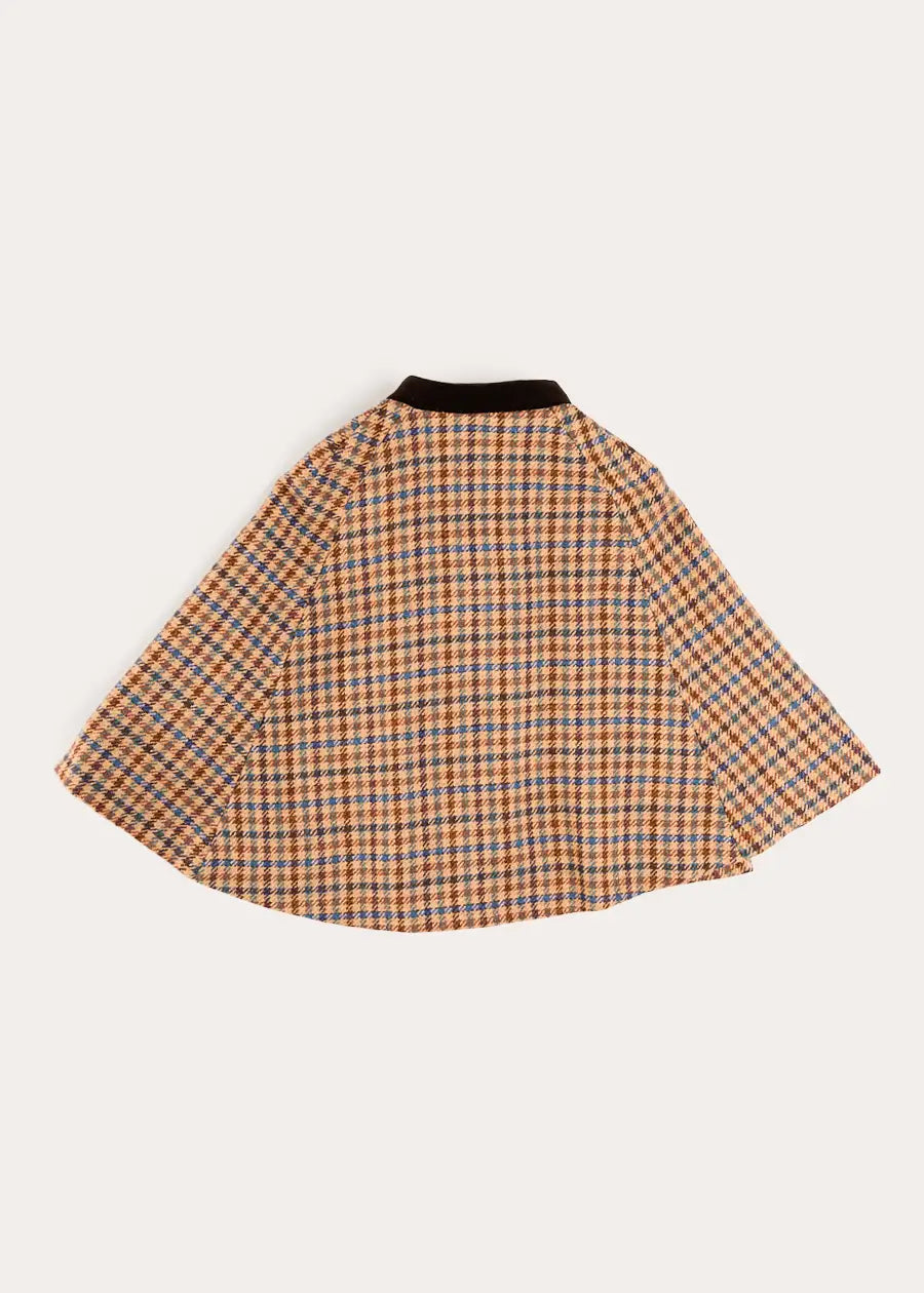 Vincent Check Velvet Collar Gold Button Detail Cape in Brown (2-8yrs) Coats from Pepa London US