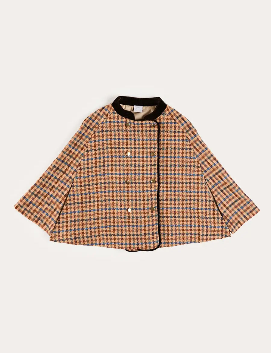 Vincent Check Velvet Collar Gold Button Detail Cape in Brown (2-8yrs) Coats from Pepa London US