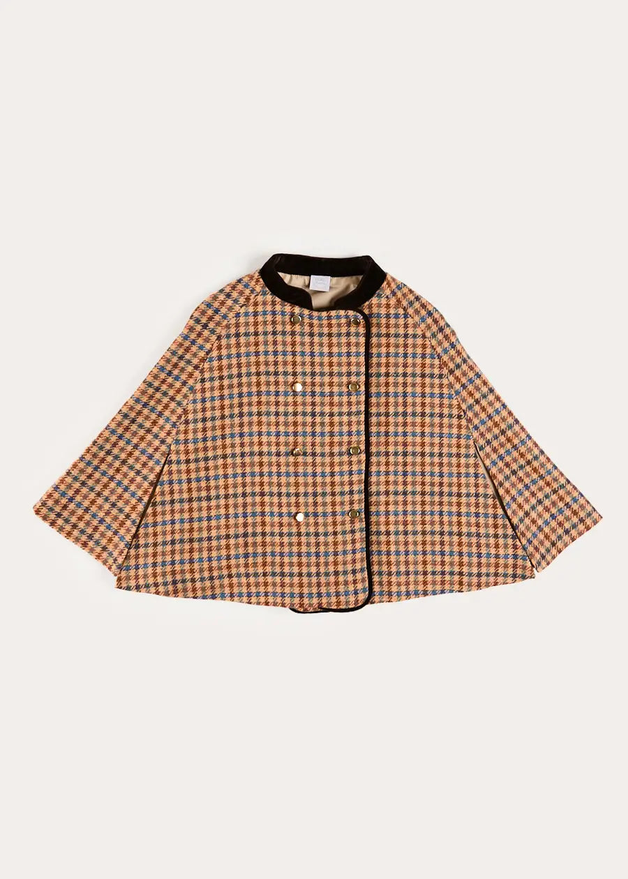 Vincent Check Velvet Collar Gold Button Detail Cape in Brown (2-8yrs) Coats from Pepa London US