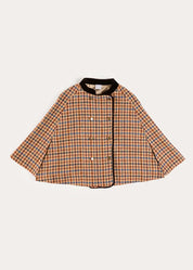 Vincent Check Velvet Collar Gold Button Detail Cape in Brown (2-8yrs) Coats from Pepa London US