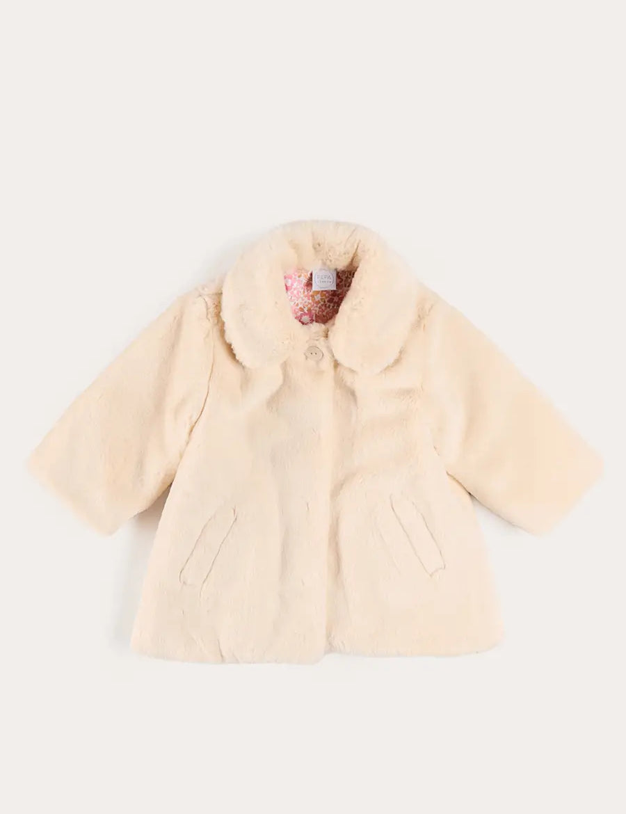 Faux Fur Pocket Detail Nellie Floral Lined Coat in Cream (2-10yrs) Coats from Pepa London US