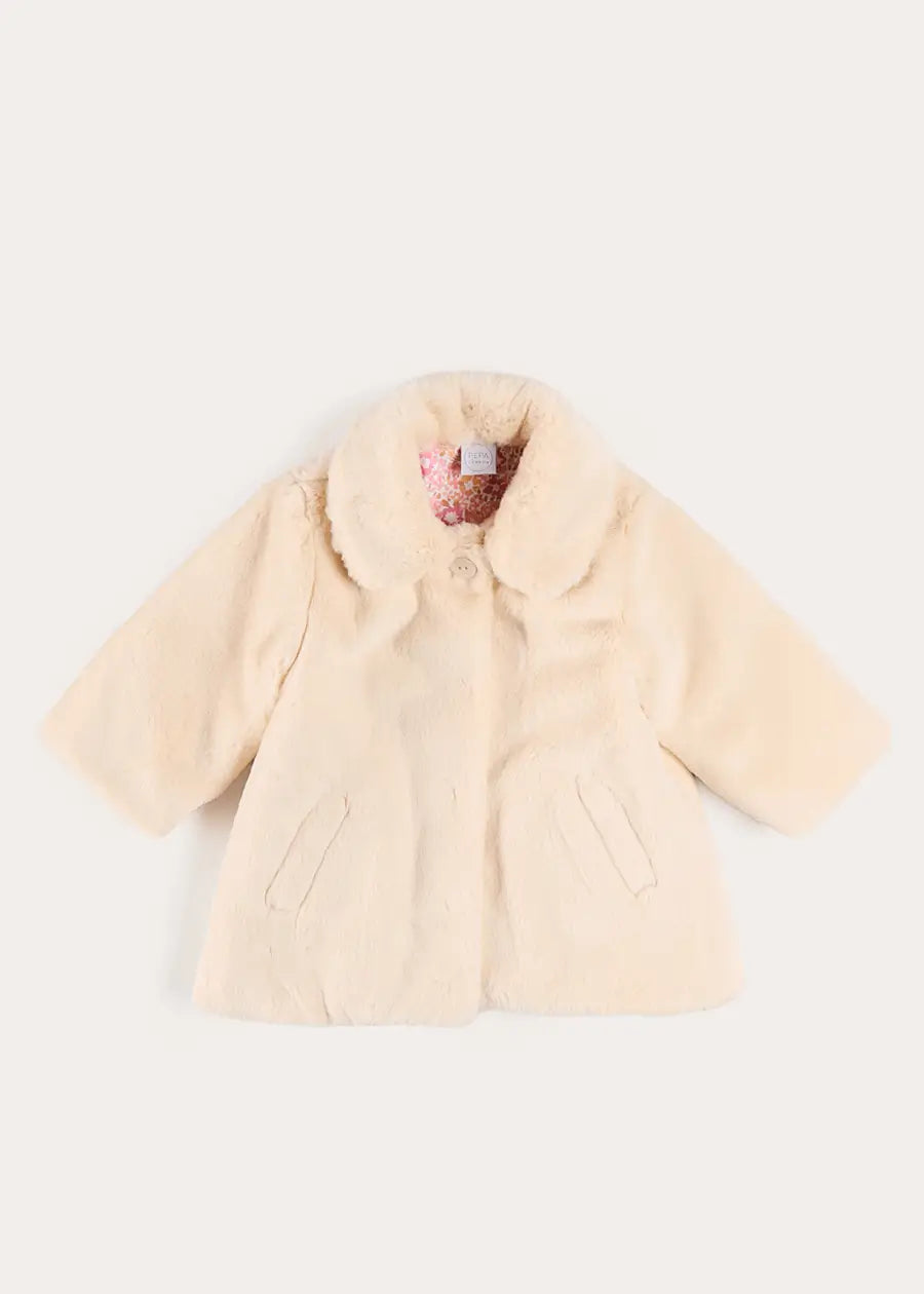 Faux Fur Pocket Detail Nellie Floral Lined Coat in Cream (2-10yrs) Coats from Pepa London US