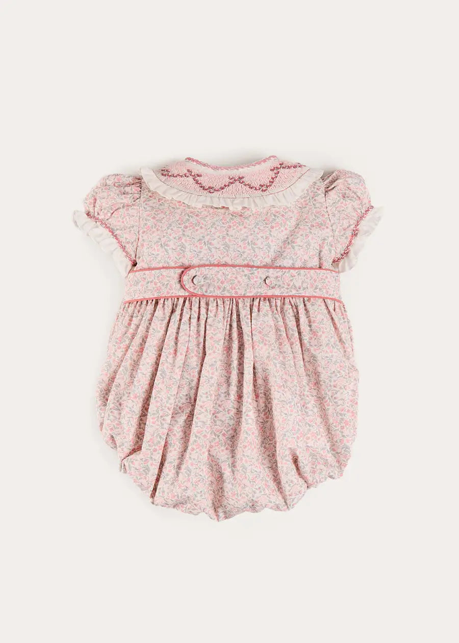 Adelaide Floral Hand Smocked Hand Smocked Romper in Pink (3mths-2yrs) Rompers from Pepa London US
