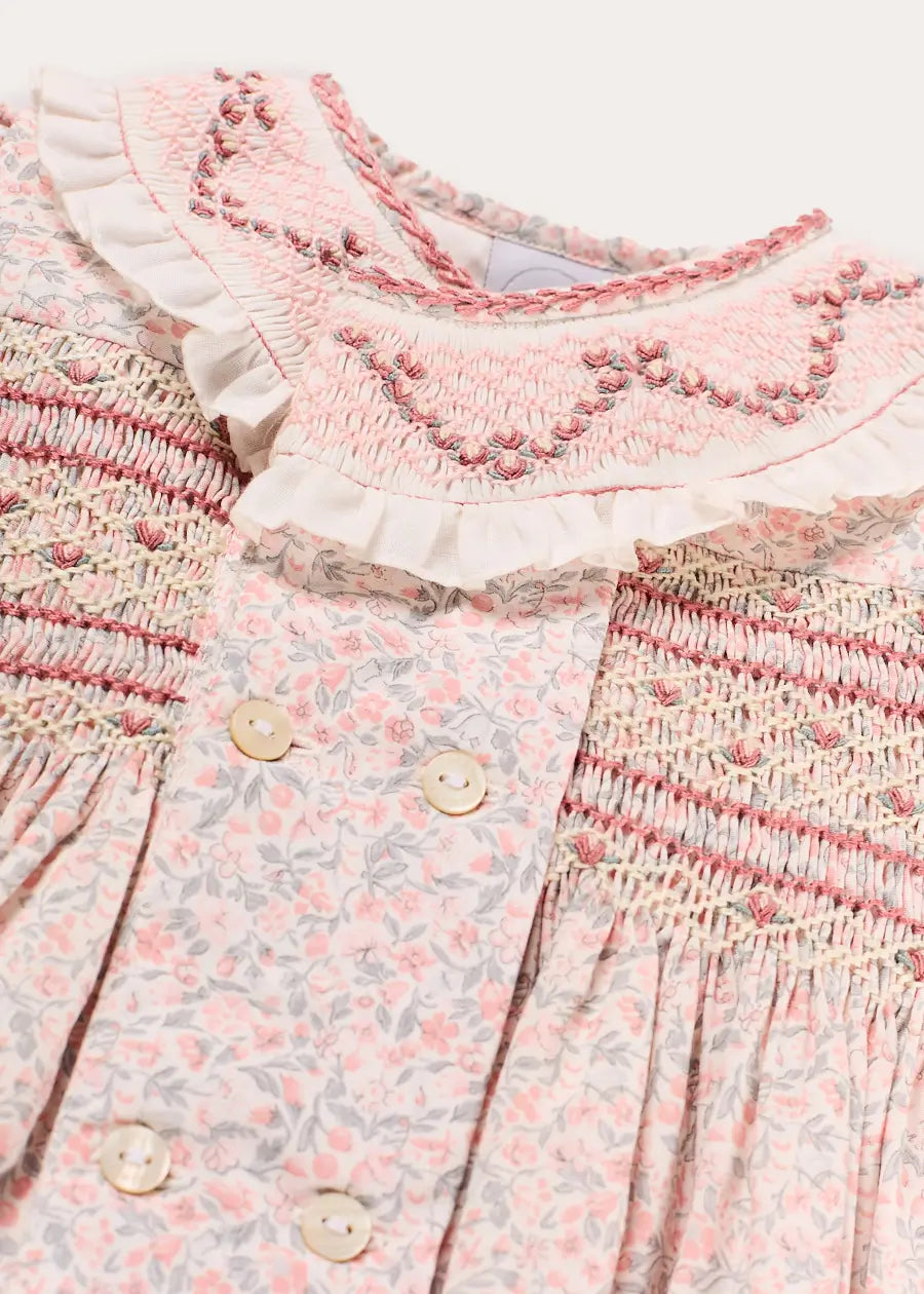 Adelaide Floral Hand Smocked Hand Smocked Romper in Pink (3mths-2yrs) Rompers from Pepa London US
