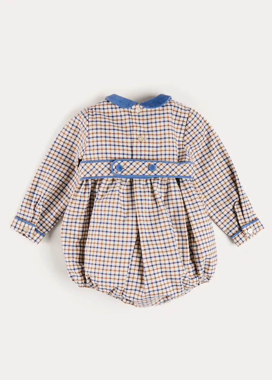 Thirleby Check Velvet Peter Pan Collar Long Sleeve Romper in Blue (6mths-3yrs) Rompers from Pepa London US