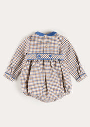 Thirleby Check Velvet Peter Pan Collar Long Sleeve Romper in Blue (6mths-3yrs) Rompers from Pepa London US