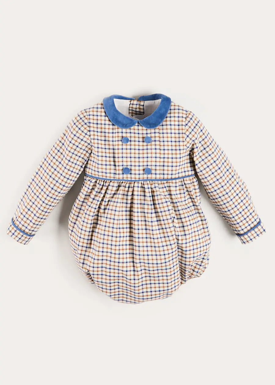 Thirleby Check Velvet Peter Pan Collar Long Sleeve Romper in Blue (6mths-3yrs) Rompers from Pepa London US
