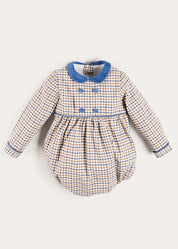 Thirleby Check Velvet Peter Pan Collar Long Sleeve Romper in Blue (6mths-3yrs) Rompers from Pepa London US