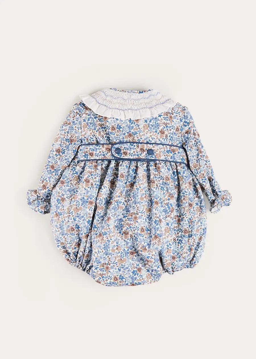 Beatrice Floral Hand Smocked Double Breasted Romper in Blue (6mths-3yrs) Rompers from Pepa London US