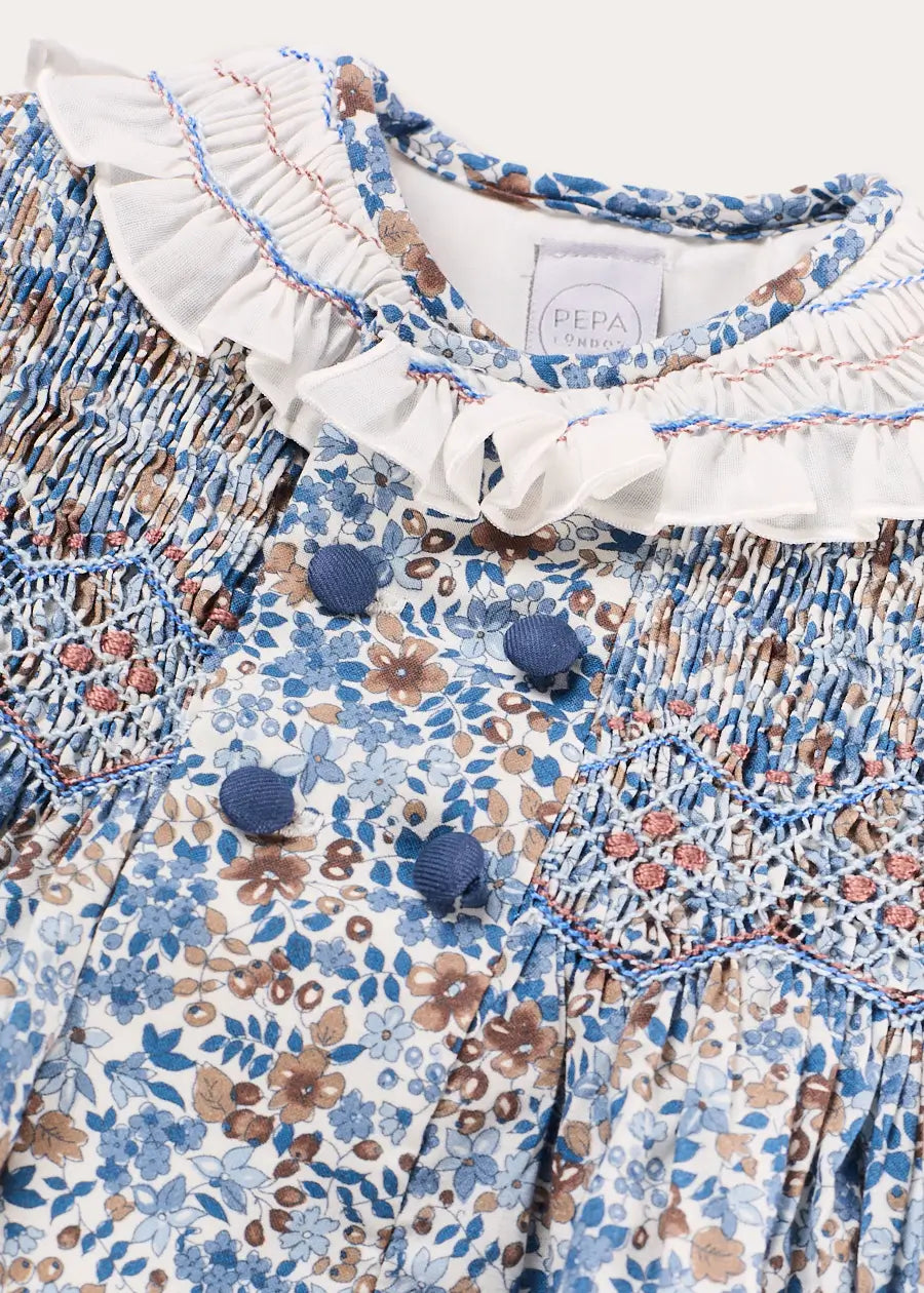 Beatrice Floral Hand Smocked Double Breasted Romper in Blue (6mths-3yrs) Rompers from Pepa London US