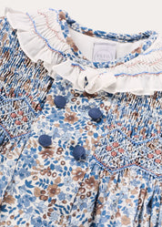 Beatrice Floral Hand Smocked Double Breasted Romper in Blue (6mths-3yrs) Rompers from Pepa London US