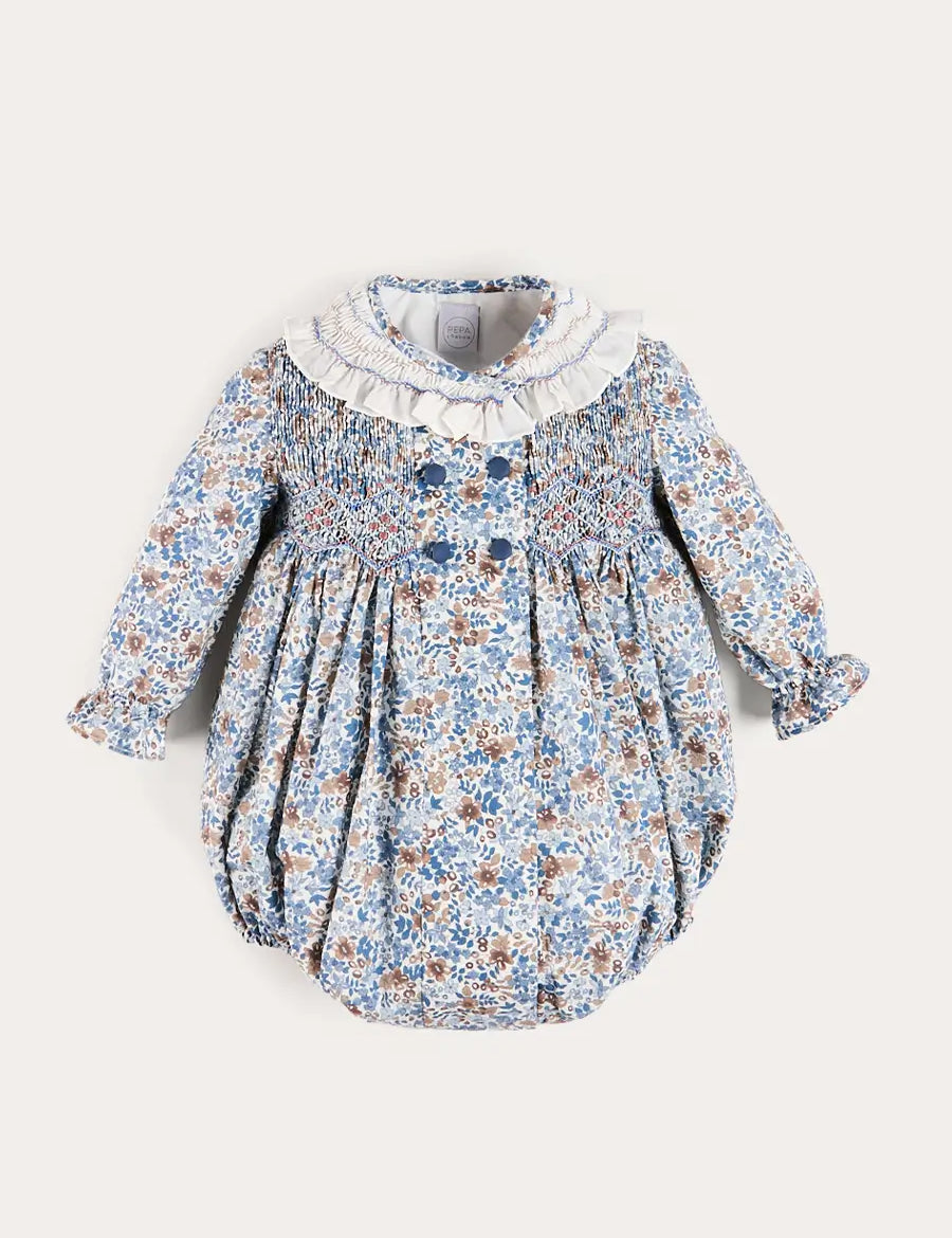 Beatrice Floral Hand Smocked Double Breasted Romper in Blue (6mths-3yrs) Rompers from Pepa London US