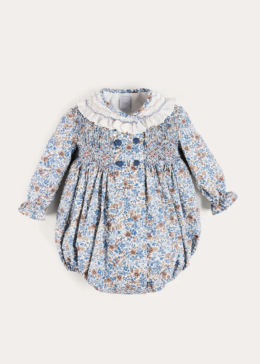 Beatrice Floral Hand Smocked Double Breasted Romper in Blue (6mths-3yrs) Rompers from Pepa London US