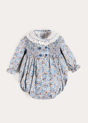 Beatrice Floral Hand Smocked Double Breasted Romper in Blue (6mths-3yrs) Rompers from Pepa London US