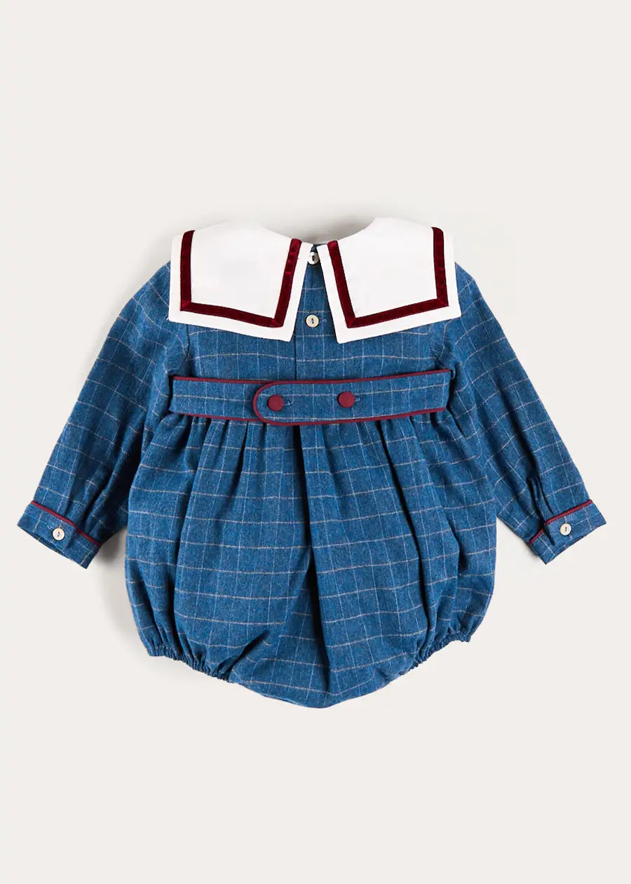 Moreton Check Mariner Collar Long Sleeve Romper in Blue (6mths-2yrs) Rompers from Pepa London US