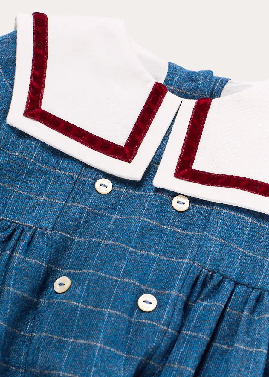 Moreton Check Mariner Collar Long Sleeve Romper in Blue (6mths-2yrs) Rompers from Pepa London US