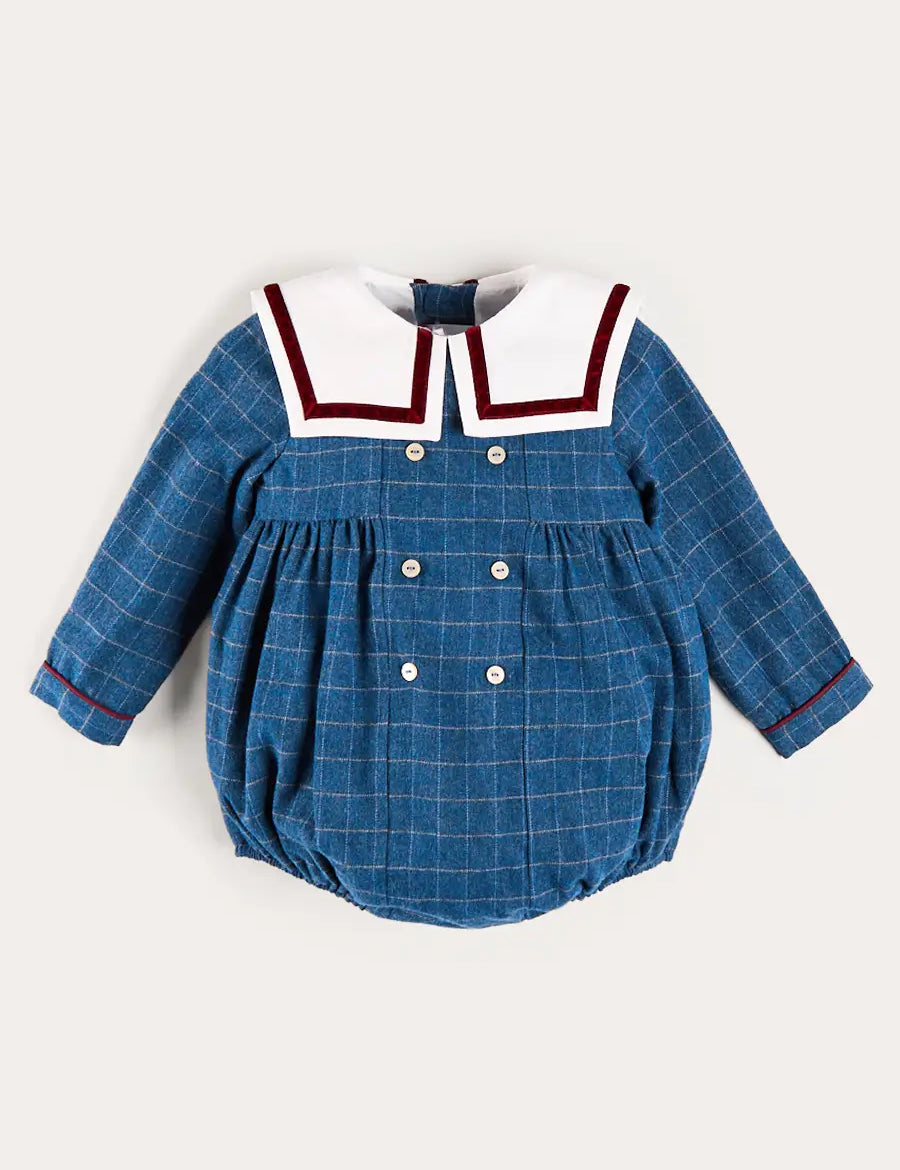 Moreton Check Mariner Collar Long Sleeve Romper in Blue (6mths-2yrs) Rompers from Pepa London US