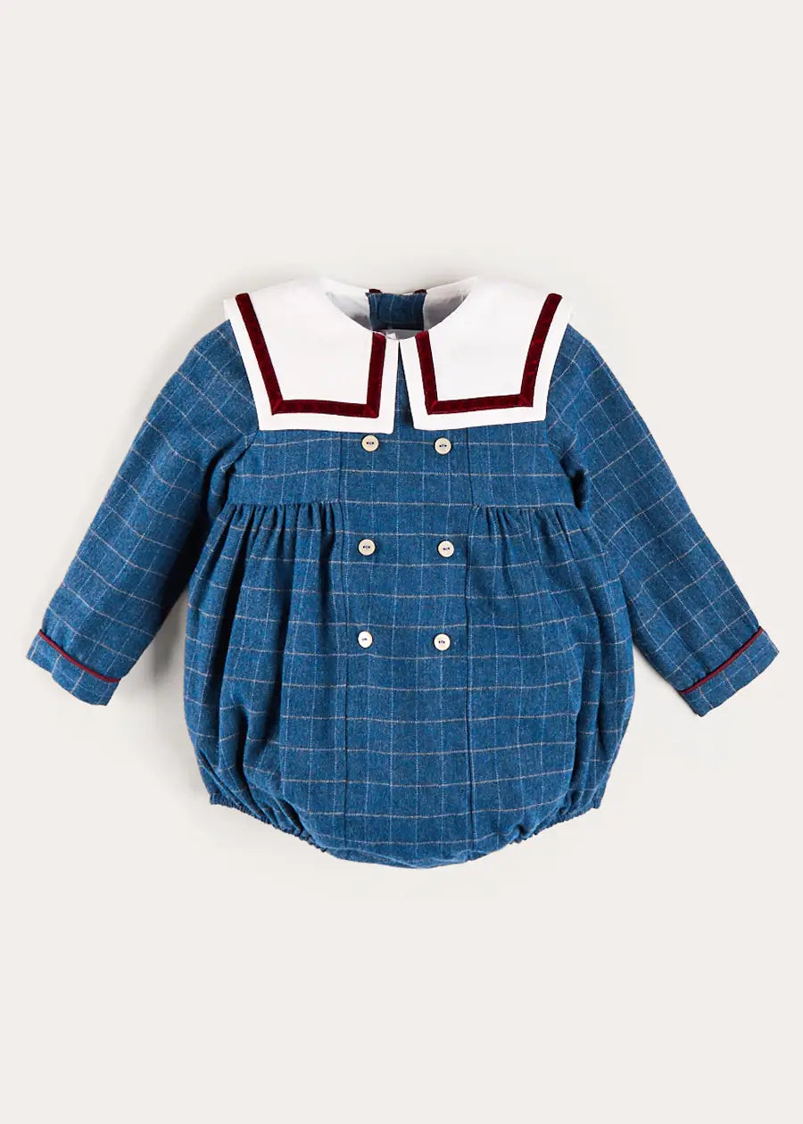 Moreton Check Mariner Collar Long Sleeve Romper in Blue (6mths-2yrs) Rompers from Pepa London US