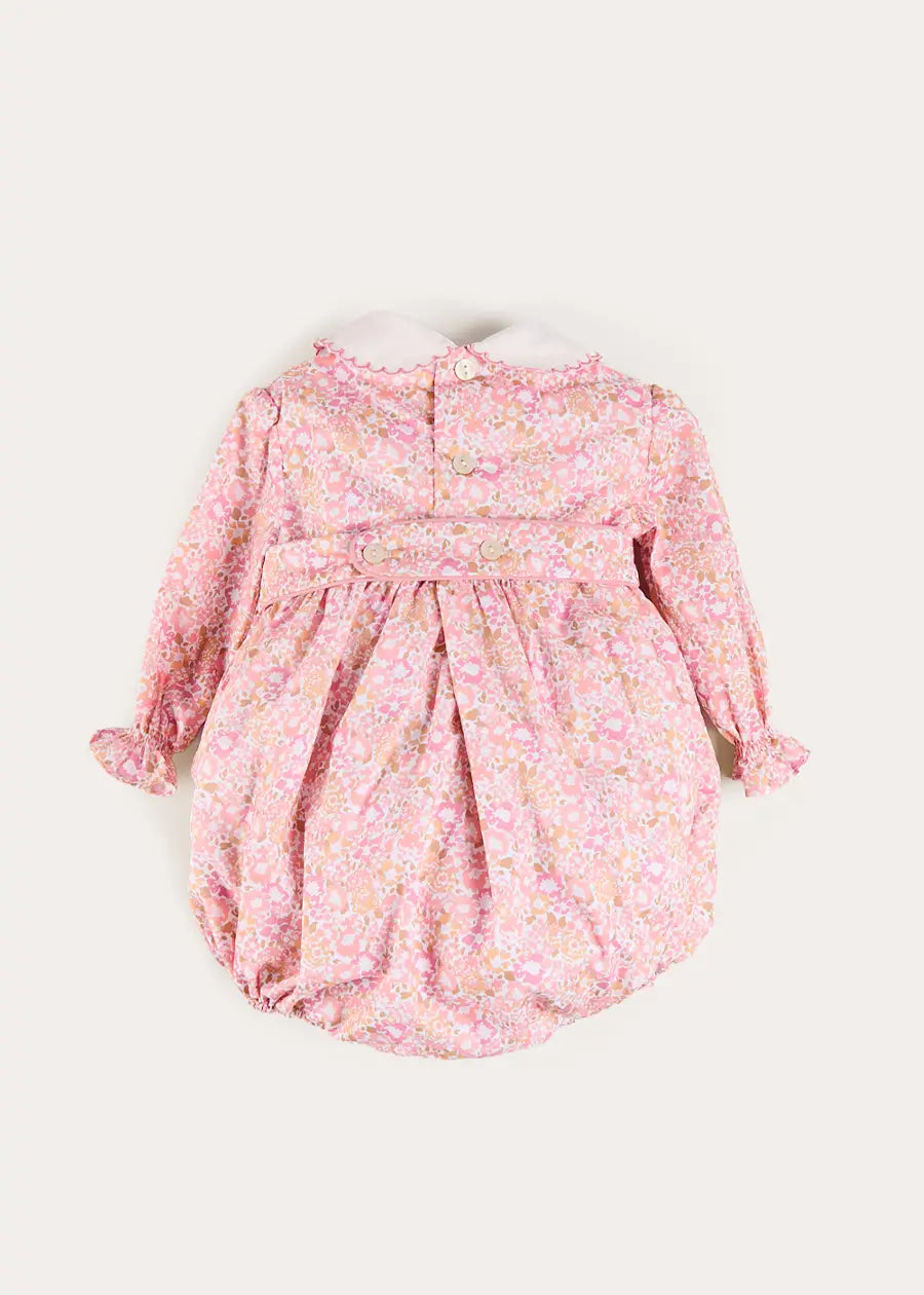 Nellie Floral Hand Smocked Long Sleeve Romper in Pink (6mths-2yrs) Rompers from Pepa London US