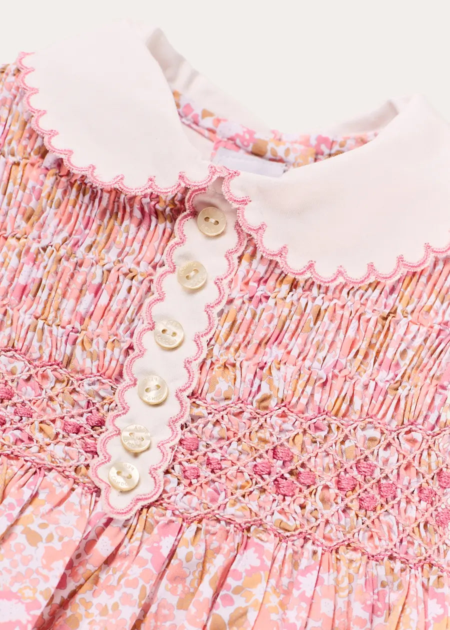 Nellie Floral Hand Smocked Long Sleeve Romper in Pink (6mths-2yrs) Rompers from Pepa London US