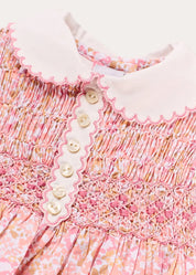 Nellie Floral Hand Smocked Long Sleeve Romper in Pink (6mths-2yrs) Rompers from Pepa London US