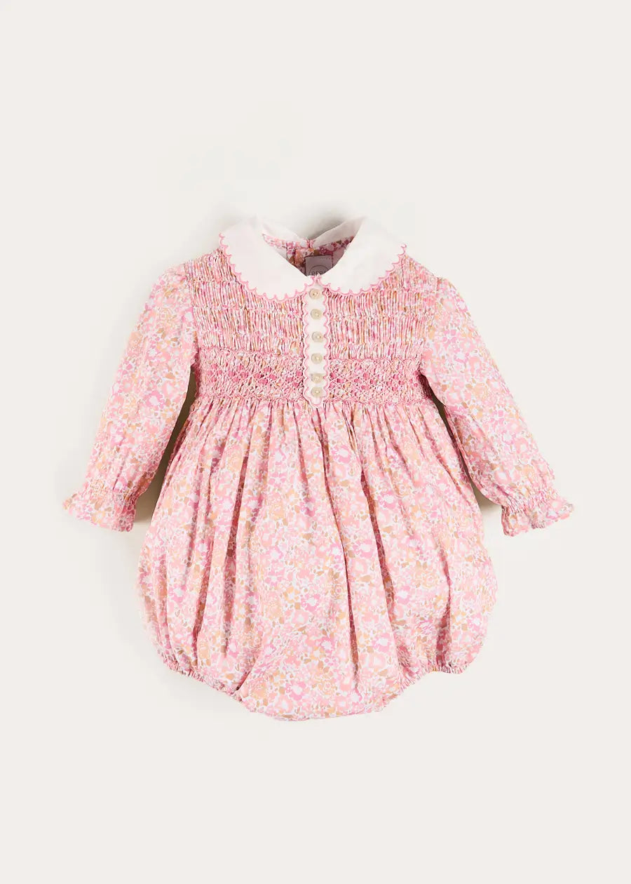 Nellie Floral Hand Smocked Long Sleeve Romper in Pink (6mths-2yrs) Rompers from Pepa London US