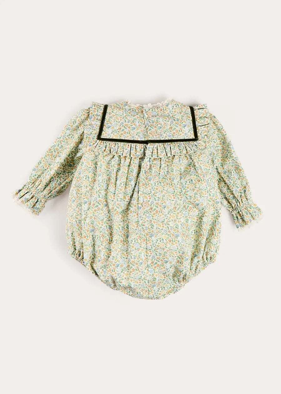 Adelaide Floral Velvet Bow Lace Trim Long Sleeve Romper in Green (6mths-3yrs) Rompers from Pepa London US