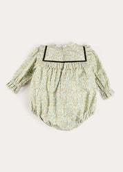 Adelaide Floral Velvet Bow Lace Trim Long Sleeve Romper in Green (6mths-3yrs) Rompers from Pepa London US