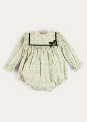 Adelaide Floral Velvet Bow Lace Trim Long Sleeve Romper in Green (6mths-3yrs) Rompers from Pepa London US