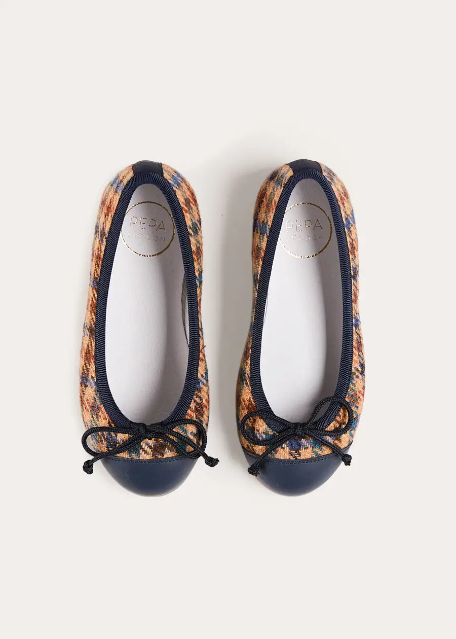 Vincent Check Tweed Ballerina Shoes in Brown (24-35EU) Shoes from Pepa London US