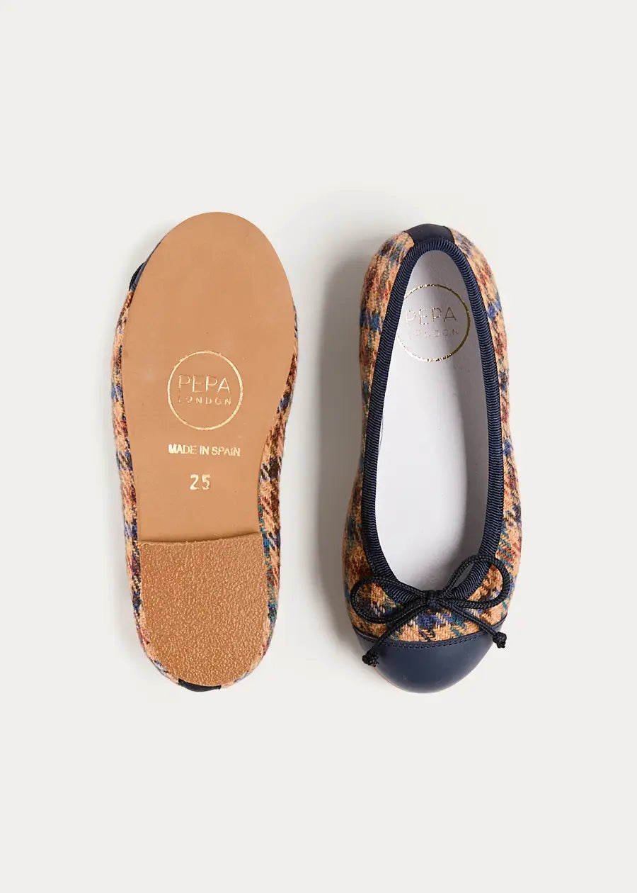 Vincent Check Tweed Ballerina Shoes in Brown (24-35EU) Shoes from Pepa London US