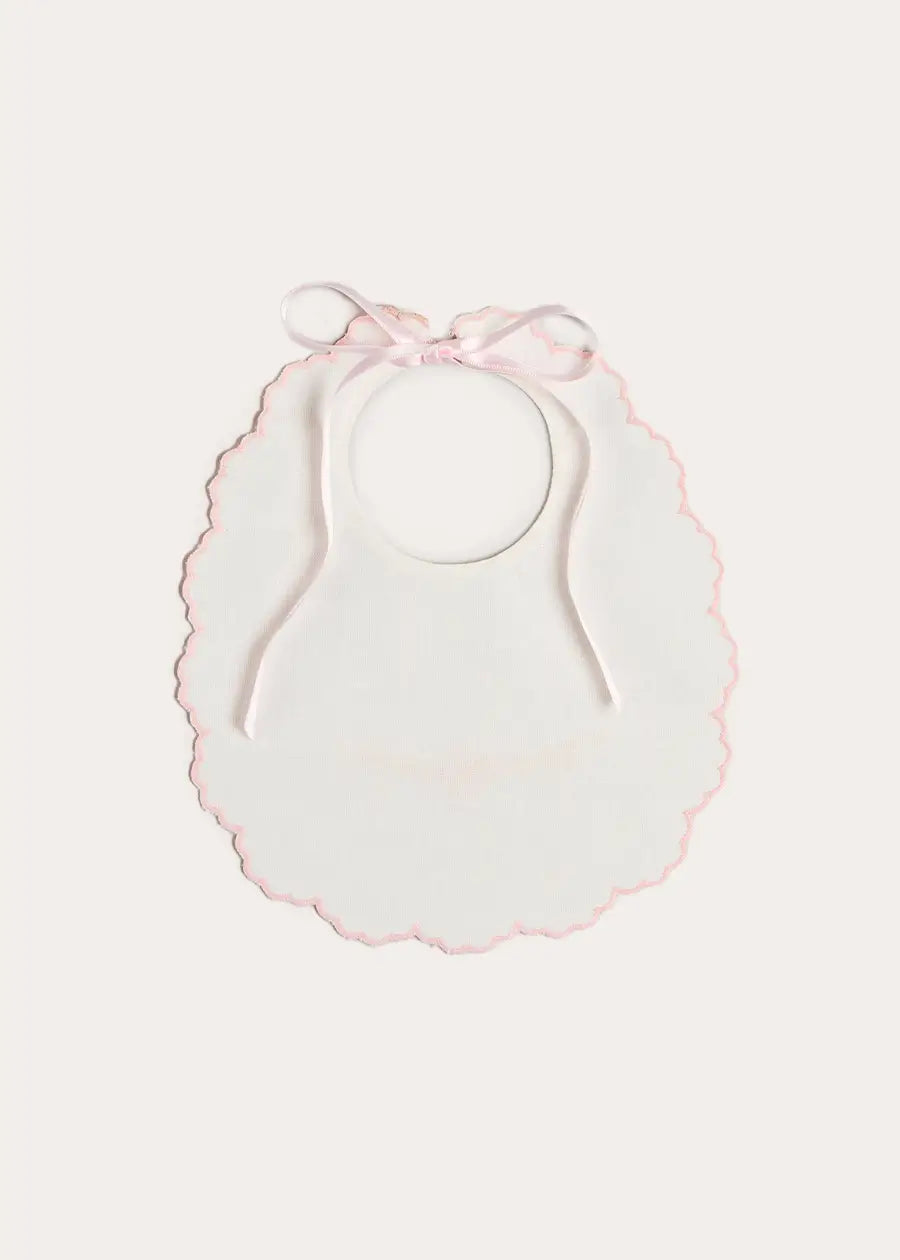 Floral Hand Embroidered Scallop Edge Rounded Bib in Pink Accessories from Pepa London US