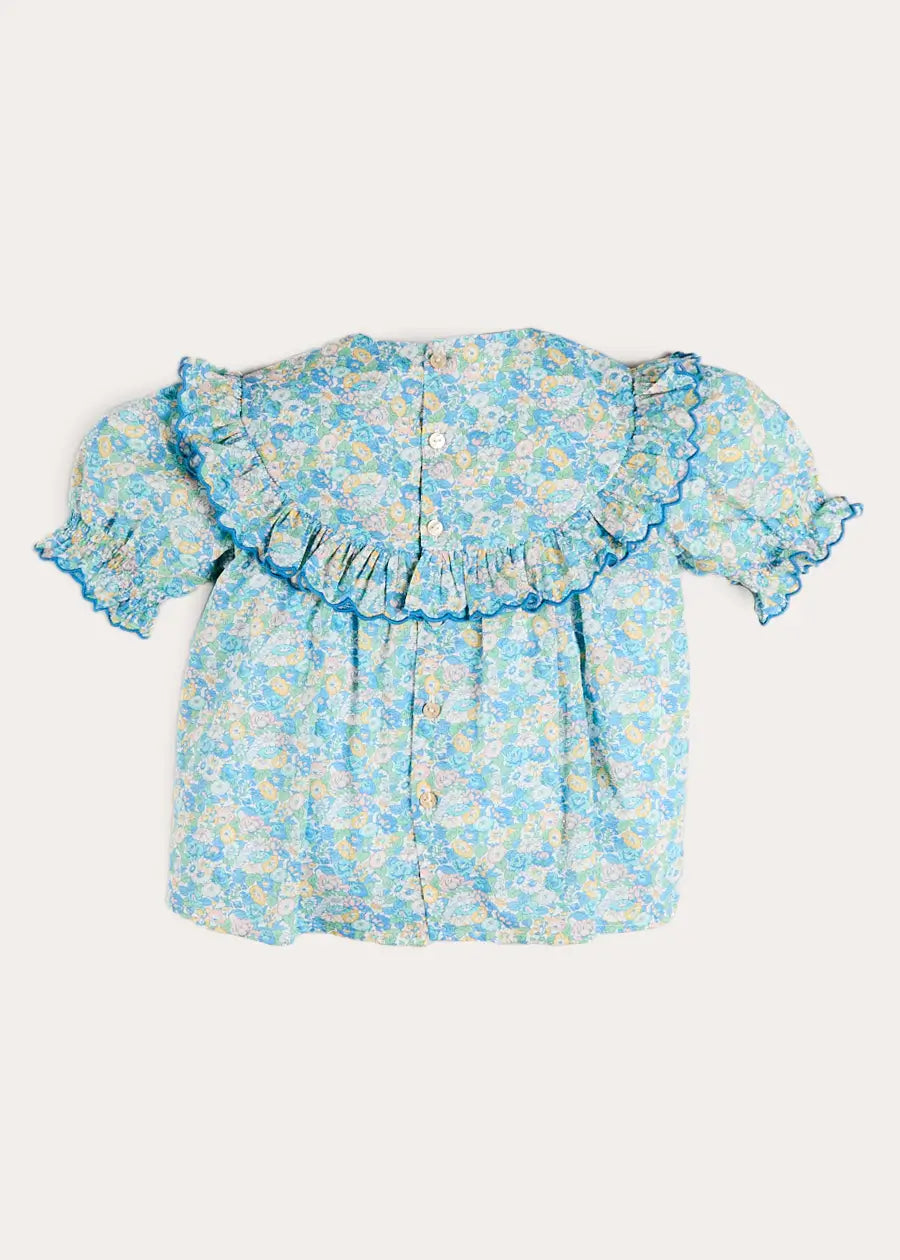 Leontyne Floral Scalloped Smocked Detail Short Sleeve Blouse in Blue Made with Liberty Fabric (2- 10yrs) Blouses from Pepa London US