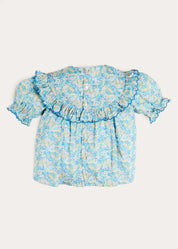 Leontyne Floral Scalloped Smocked Detail Short Sleeve Blouse in Blue Made with Liberty Fabric (2- 10yrs) Blouses from Pepa London US
