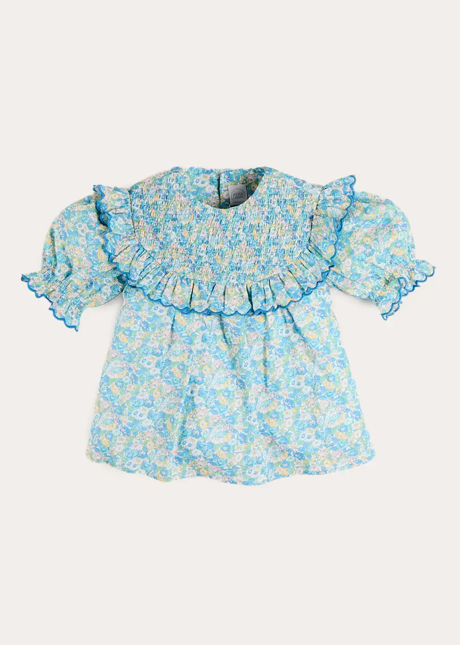 Leontyne Floral Scalloped Smocked Detail Short Sleeve Blouse in Blue Made with Liberty Fabric (2- 10yrs) Blouses from Pepa London US