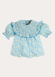 Leontyne Floral Scalloped Smocked Detail Short Sleeve Blouse in Blue Made with Liberty Fabric (2- 10yrs) Blouses from Pepa London US