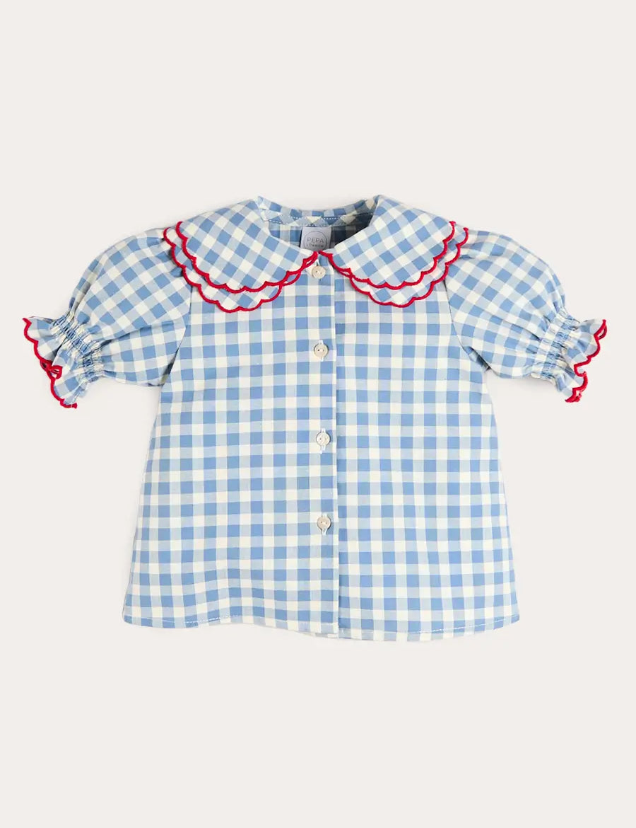 Darby Gingham Scallop Layered Collar Short Sleeve Blouse in Blue (18mths-12yrs) BLOUSES from Pepa London US