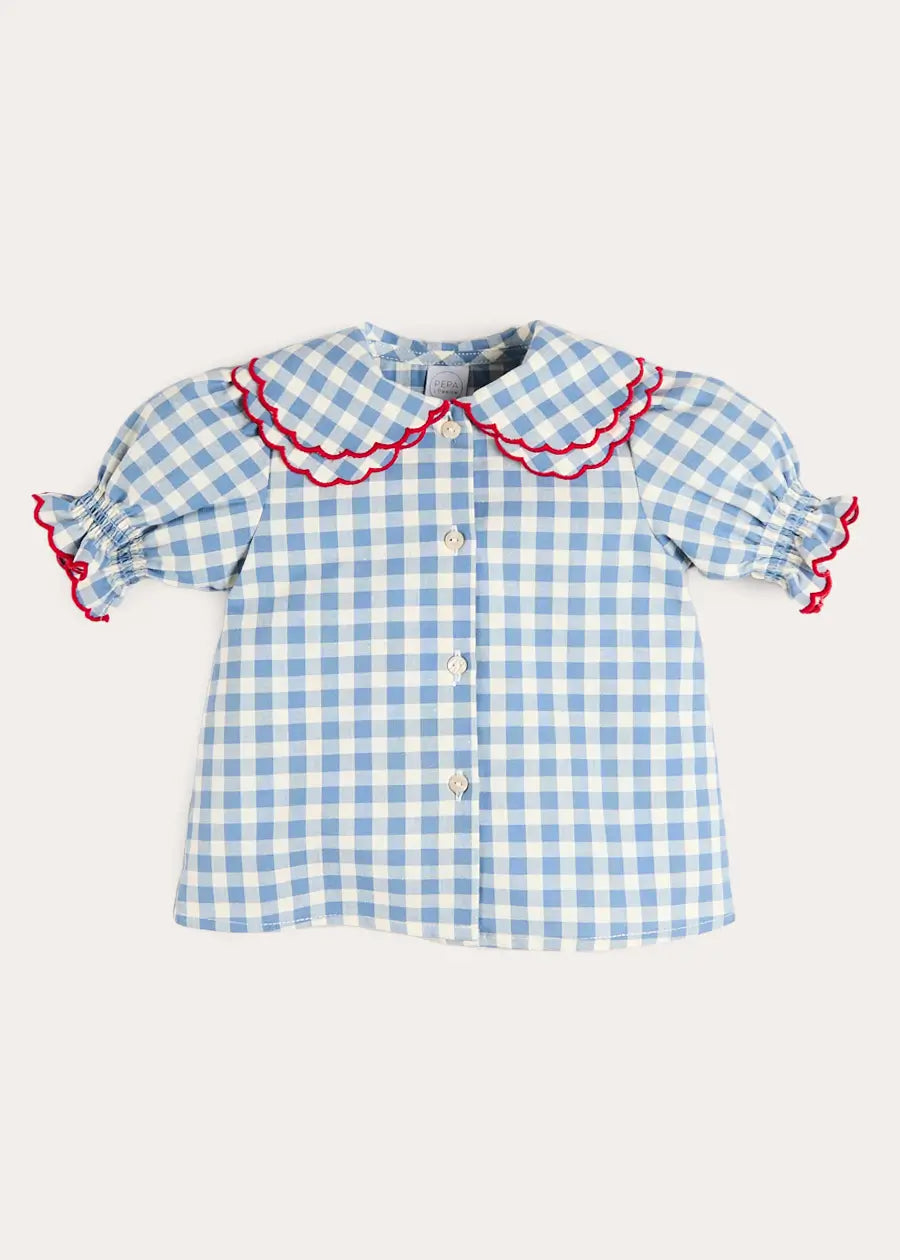 Darby Gingham Scallop Layered Collar Short Sleeve Blouse in Blue (18mths-12yrs) Blouses from Pepa London