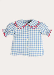 Darby Gingham Scallop Layered Collar Short Sleeve Blouse in Blue (18mths-12yrs) Blouses from Pepa London US