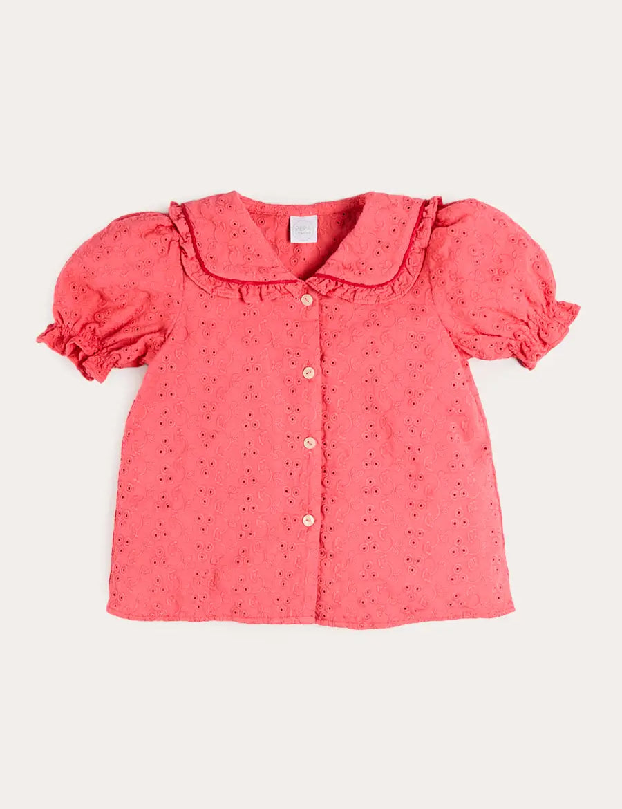 Broderie Anglaise Mariner Collar Blouse in Strawberry (4-12yrs) BLOUSES from Pepa London US